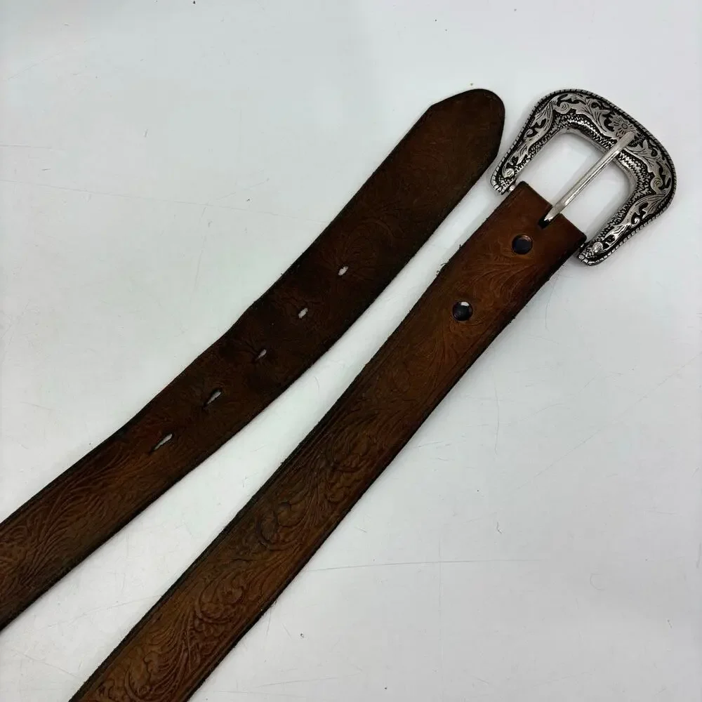 Western Mens Belt Size 34 Distressed Cowboy Brown Leather Silver Buckle